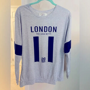 NWT “London You Love Me” XXL gray long sleeve jersey. Crew neck w/navy blue.
